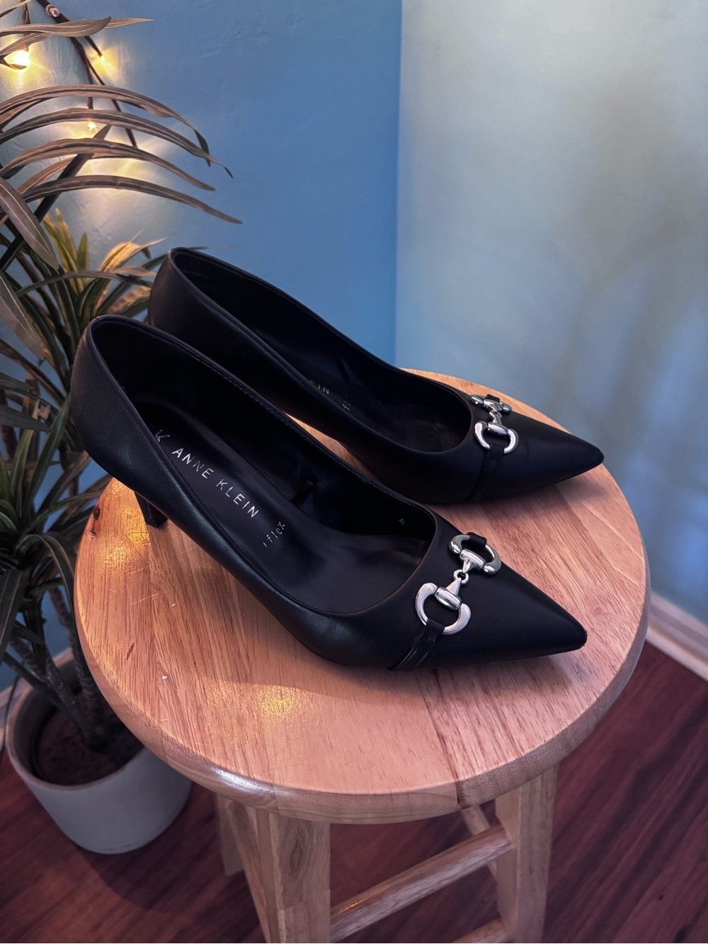 Anne Klein Black Pointed Toe Low Heel Pumps with Silver Buckle Size 9